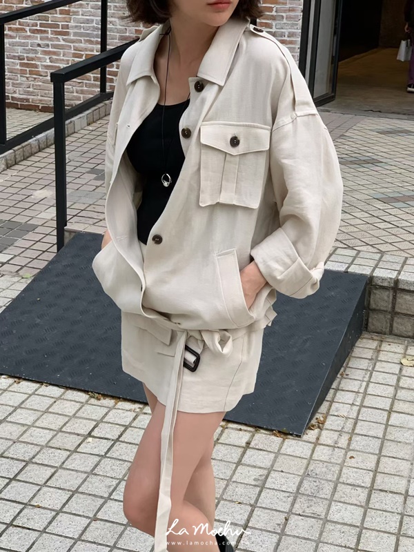 雙口袋圓釦風衣外套